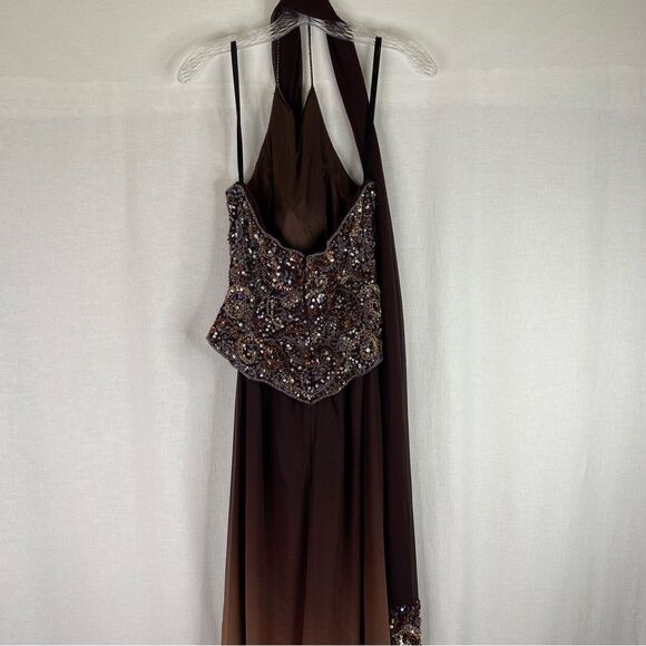Cassandra Stone Brown Vintage 90s Silk Beaded Halter Ombre Prom Formal Gown 12 - Picture 8 of 11